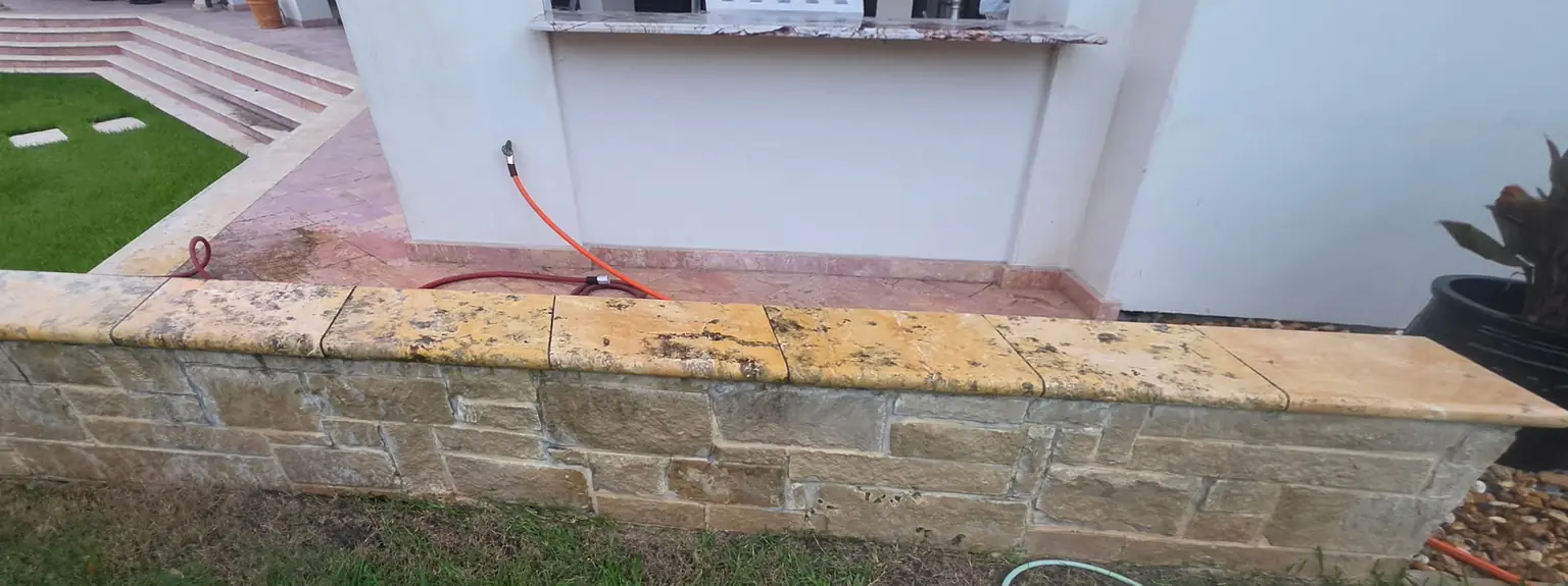 Before: stone wall cap covered in dark stains