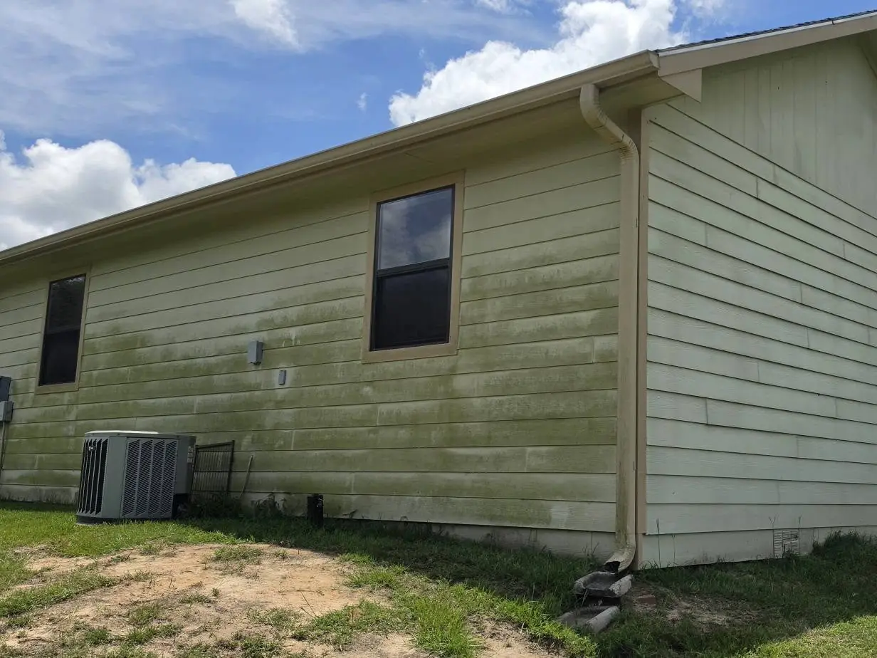 Before: green algae streaked across the siding of a single-story building
